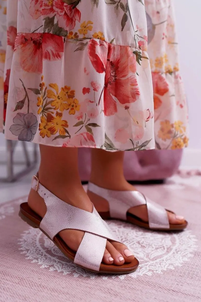 Discount Sandały Damskie Płaskie Skórzane Różowe 1960 Damskie Sandały Płaskie