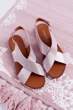 Discount Sandały Damskie Płaskie Skórzane Różowe 1960 Damskie Sandały Płaskie