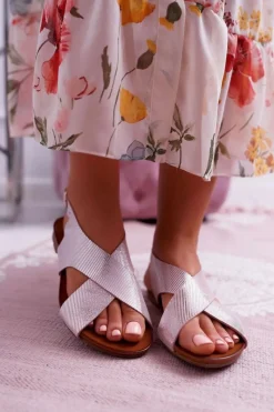 Discount Sandały Damskie Płaskie Skórzane Różowe 1960 Damskie Sandały Płaskie