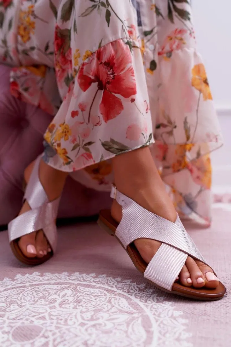 Discount Sandały Damskie Płaskie Skórzane Różowe 1960 Damskie Sandały Płaskie