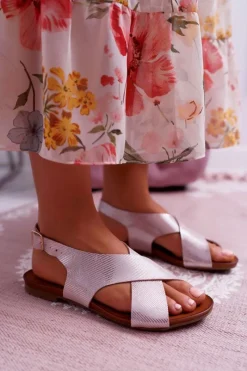 Discount Sandały Damskie Płaskie Skórzane Różowe 1960 Damskie Sandały Płaskie