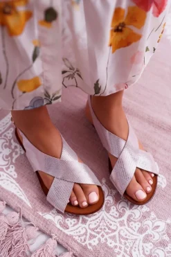 Discount Sandały Damskie Płaskie Skórzane Różowe 1960 Damskie Sandały Płaskie