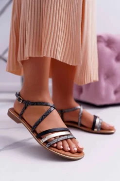 New Boto Sandały Damskie Płaskie Skóra Węża Czarne Dahira