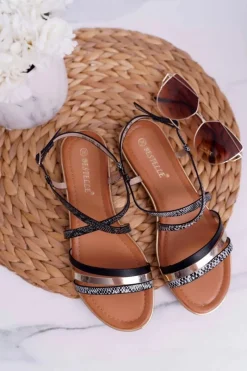 New Boto Sandały Damskie Płaskie Skóra Węża Czarne Dahira