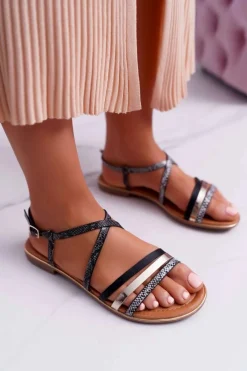 New Boto Sandały Damskie Płaskie Skóra Węża Czarne Dahira