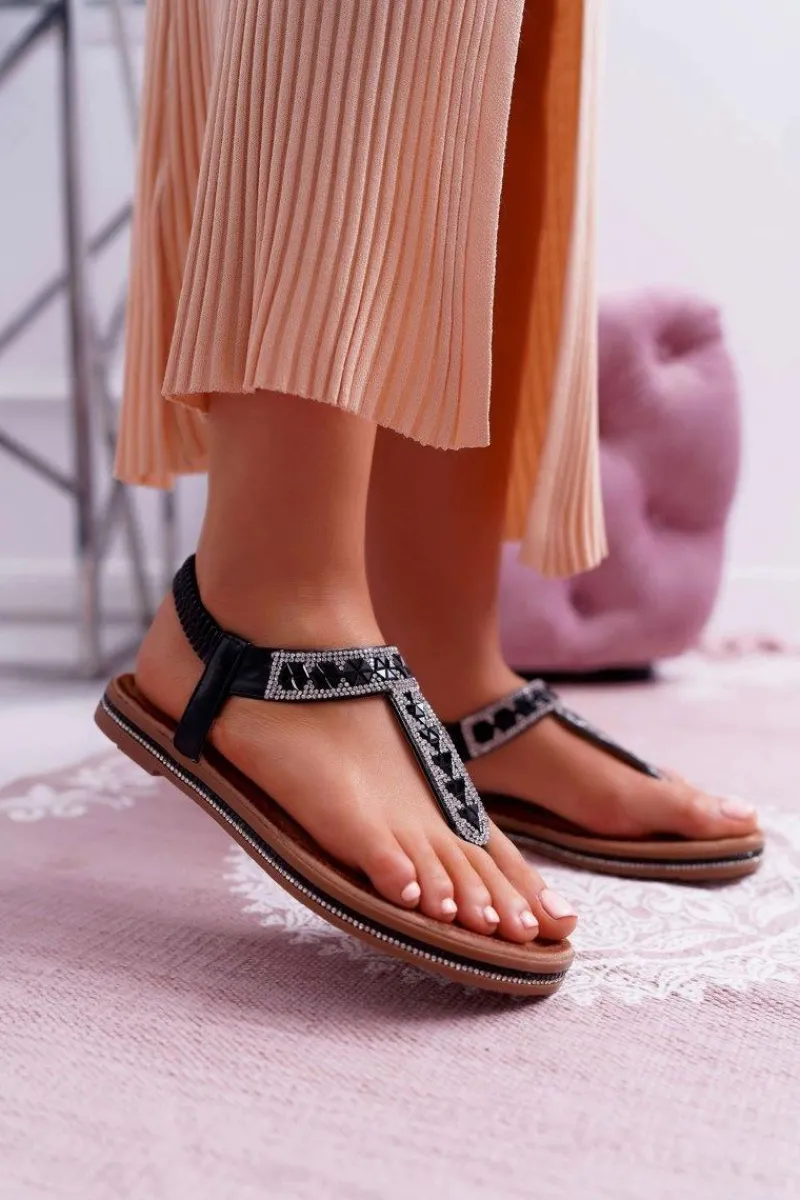 Sandały Płaskie>Boto Sandały Damskie Płaskie Wsuwane Z Cyrkoniami Czarne Mabellena