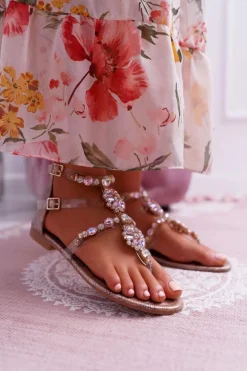 Clearance Sandały Damskie Płaskie Z Cyrkoniami Champagne Karra Damskie Sandały Płaskie