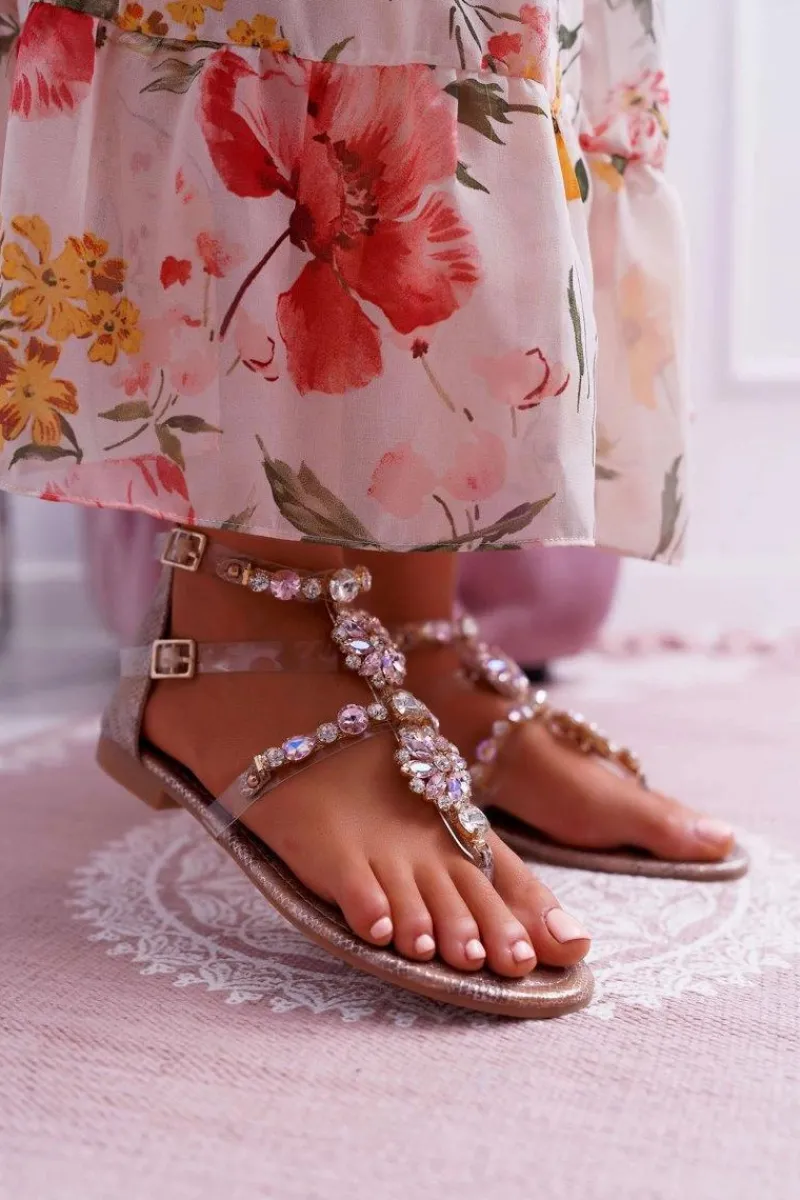 Clearance Sandały Damskie Płaskie Z Cyrkoniami Champagne Karra Damskie Sandały Płaskie