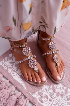 Clearance Sandały Damskie Płaskie Z Cyrkoniami Champagne Karra Damskie Sandały Płaskie