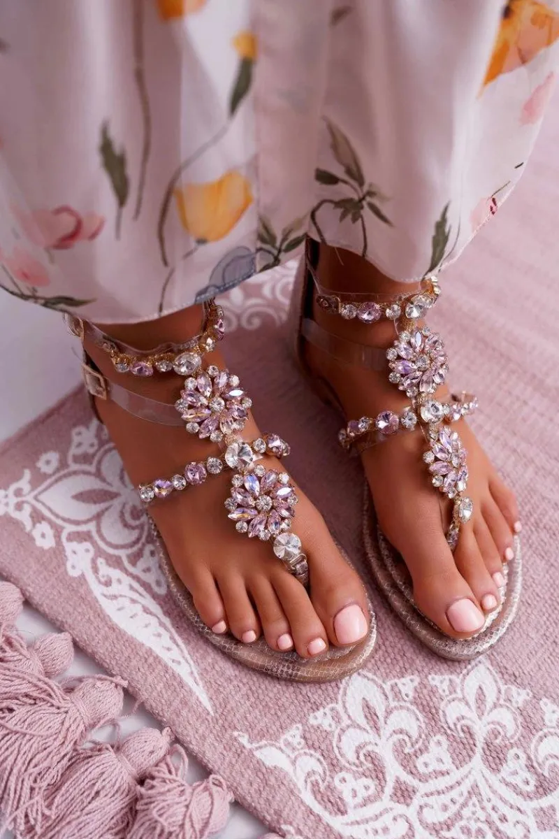 Clearance Sandały Damskie Płaskie Z Cyrkoniami Champagne Karra Damskie Sandały Płaskie