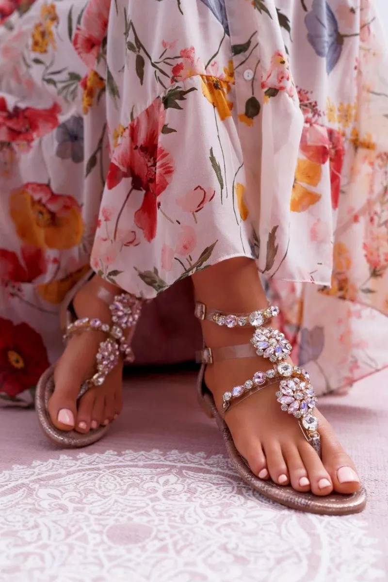 Clearance Sandały Damskie Płaskie Z Cyrkoniami Champagne Karra Damskie Sandały Płaskie