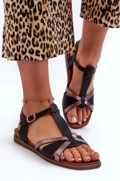 Sandały Damskie Płaskie Z Eko Skóry Sergio Leone SK071H Czarne Damskie Sandały Płaskie