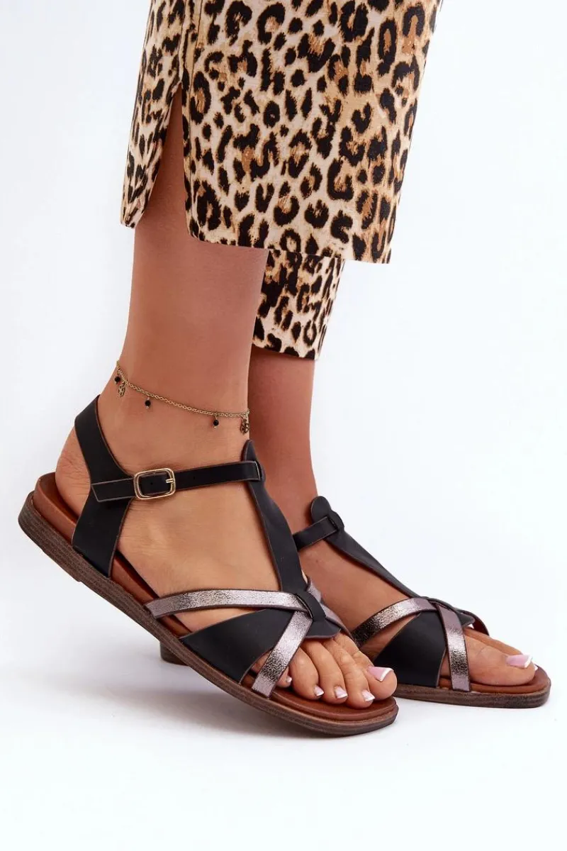 Sandały Damskie Płaskie Z Eko Skóry Sergio Leone SK071H Czarne Damskie Sandały Płaskie