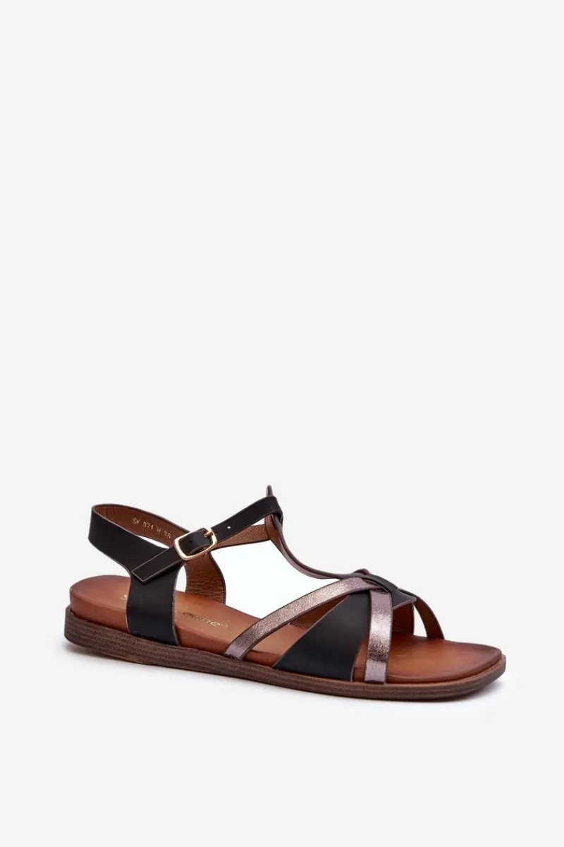 Sandały Damskie Płaskie Z Eko Skóry Sergio Leone SK071H Czarne Damskie Sandały Płaskie