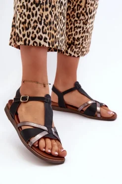 Sandały Damskie Płaskie Z Eko Skóry Sergio Leone SK071H Czarne Damskie Sandały Płaskie