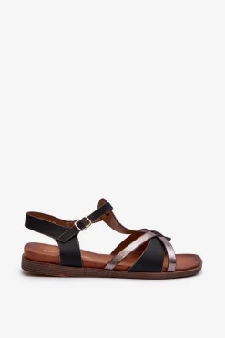 Sandały Damskie Płaskie Z Eko Skóry Sergio Leone SK071H Czarne Damskie Sandały Płaskie