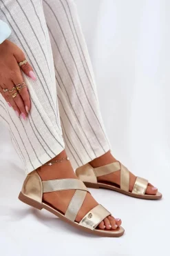New Sandały Damskie Płaskie Z Elastycznymi Paskami Złote Marinea Damskie Sandały Płaskie