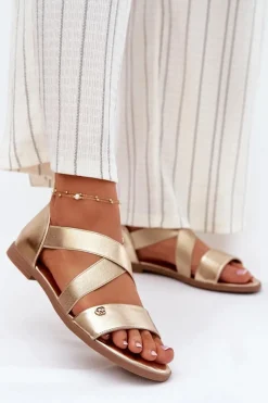 New Sandały Damskie Płaskie Z Elastycznymi Paskami Złote Marinea Damskie Sandały Płaskie