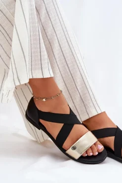 Sale Evento Sandały Damskie Płaskie Z Elastycznymi Paskami Czarno-Złote Marinea