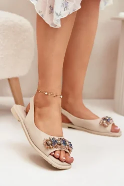 Sandały Płaskie>Damskie buty S.Barski Sandały Damskie Płaskie Z Kryształkami S.Barski KV51-079 Beżowe Beżowy