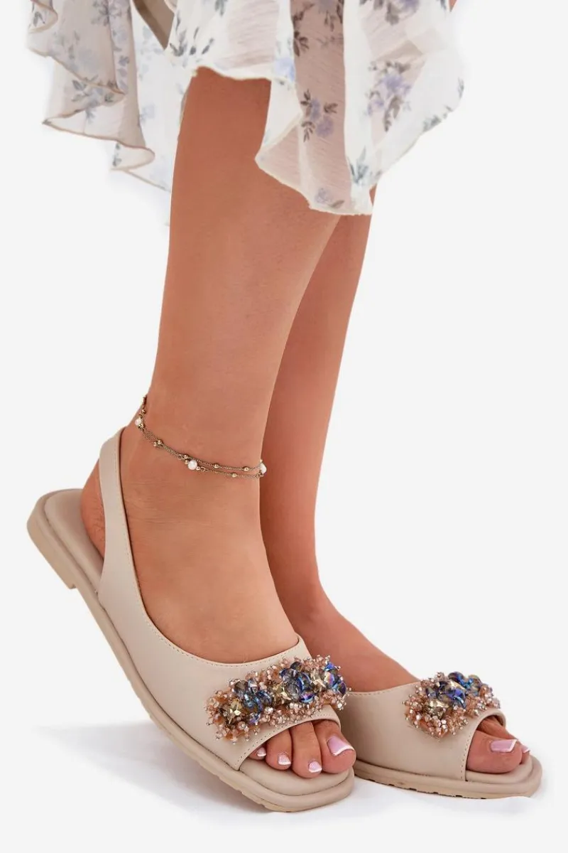 Sandały Płaskie>Damskie buty S.Barski Sandały Damskie Płaskie Z Kryształkami S.Barski KV51-079 Beżowe Beżowy