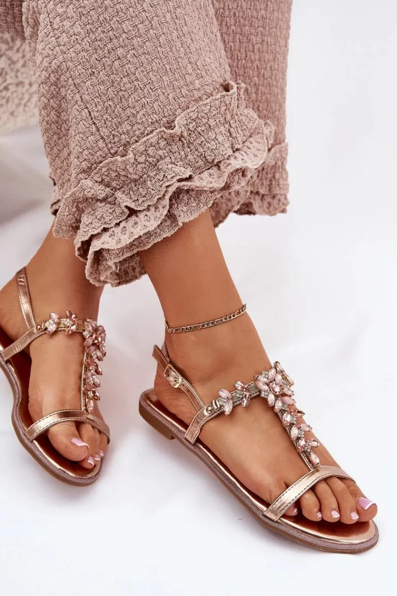 Clearance Sandały Damskie Płaskie Z Kryształkami Różowe Złoto Saane Damskie Sandały Płaskie