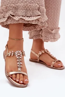 Clearance Sandały Damskie Płaskie Z Kryształkami Różowe Złoto Saane Damskie Sandały Płaskie