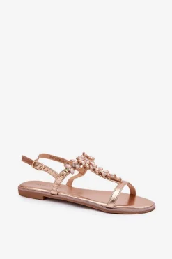 Clearance Sandały Damskie Płaskie Z Kryształkami Różowe Złoto Saane Damskie Sandały Płaskie