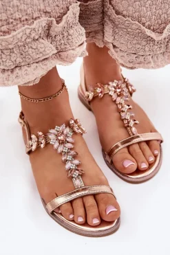 Clearance Sandały Damskie Płaskie Z Kryształkami Różowe Złoto Saane Damskie Sandały Płaskie