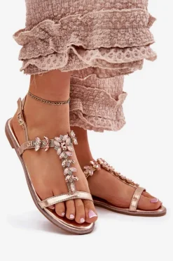 Clearance Sandały Damskie Płaskie Z Kryształkami Różowe Złoto Saane Damskie Sandały Płaskie