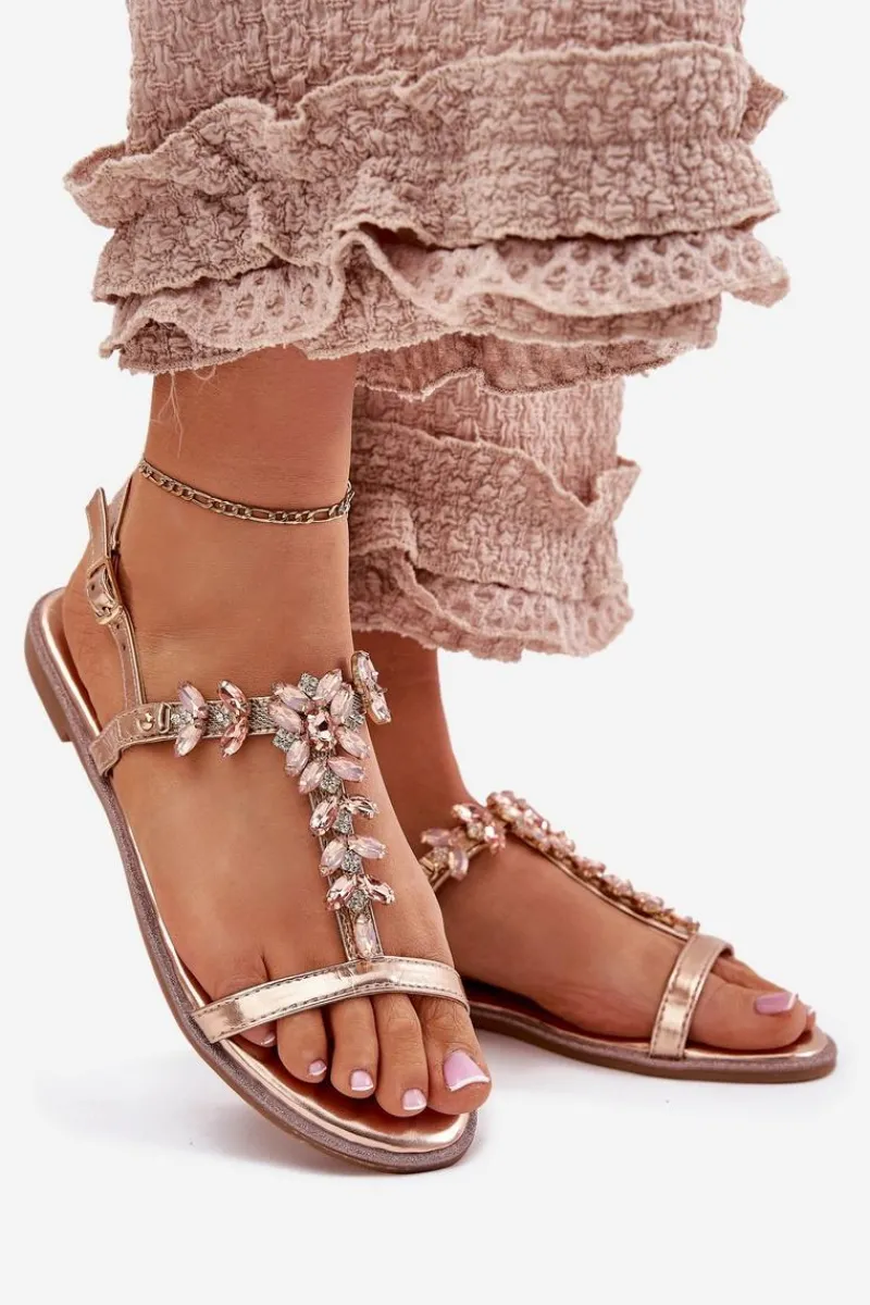 Clearance Sandały Damskie Płaskie Z Kryształkami Różowe Złoto Saane Damskie Sandały Płaskie
