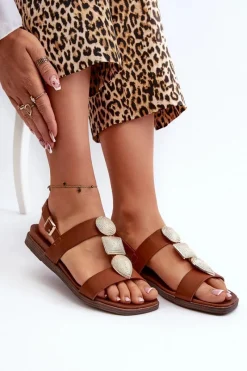 Sandały Płaskie>Buty Sergio Leone Sandały Damskie Płaskie Z Ozdobami Sergio Leone SK072H Brązowe Brązowy