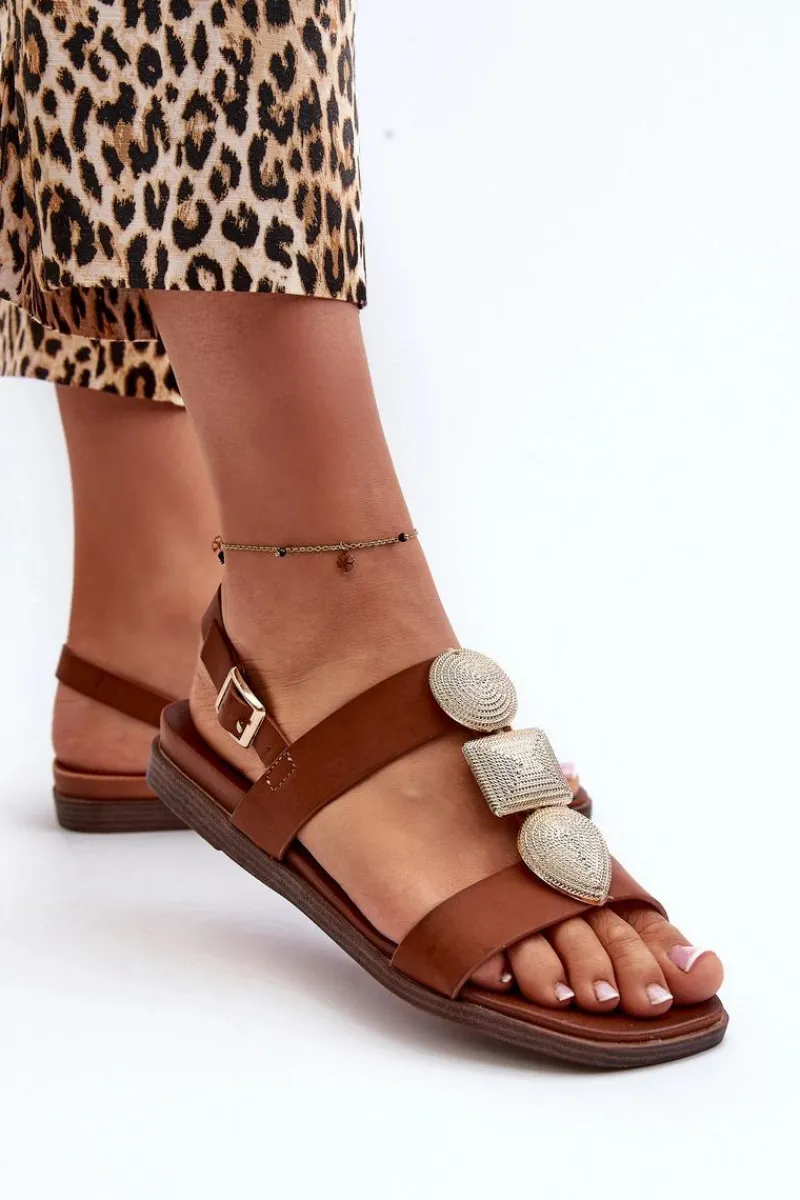Sandały Płaskie>Buty Sergio Leone Sandały Damskie Płaskie Z Ozdobami Sergio Leone SK072H Brązowe Brązowy
