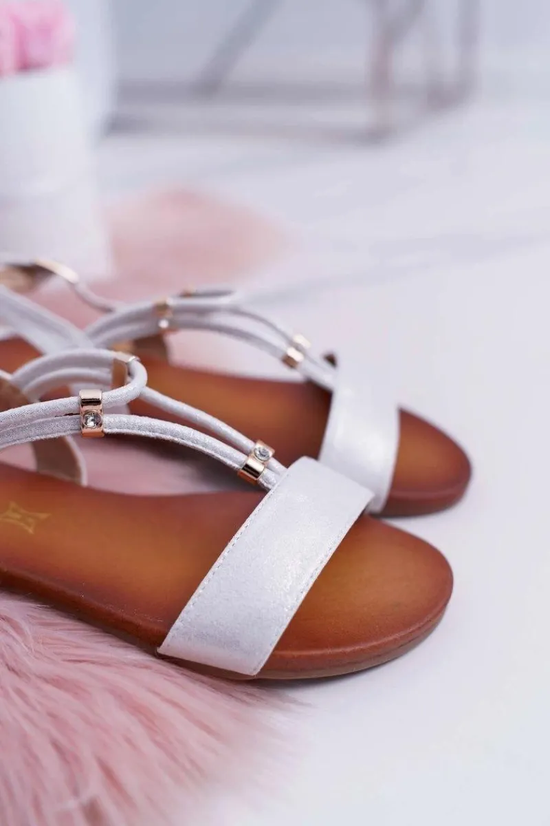 Clearance Damskie buty S.Barski Sandały Damskie Płaskie Z Paskami i Cyrkoniami Srebrne Madeline