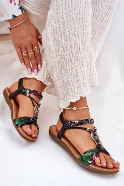 Clearance Artiker Sandały Damskie Płaskie Z Plecionymi Paskiem I Ozdobą 56C1318 Czarne Czarny