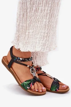 Clearance Artiker Sandały Damskie Płaskie Z Plecionymi Paskiem I Ozdobą 56C1318 Czarne Czarny