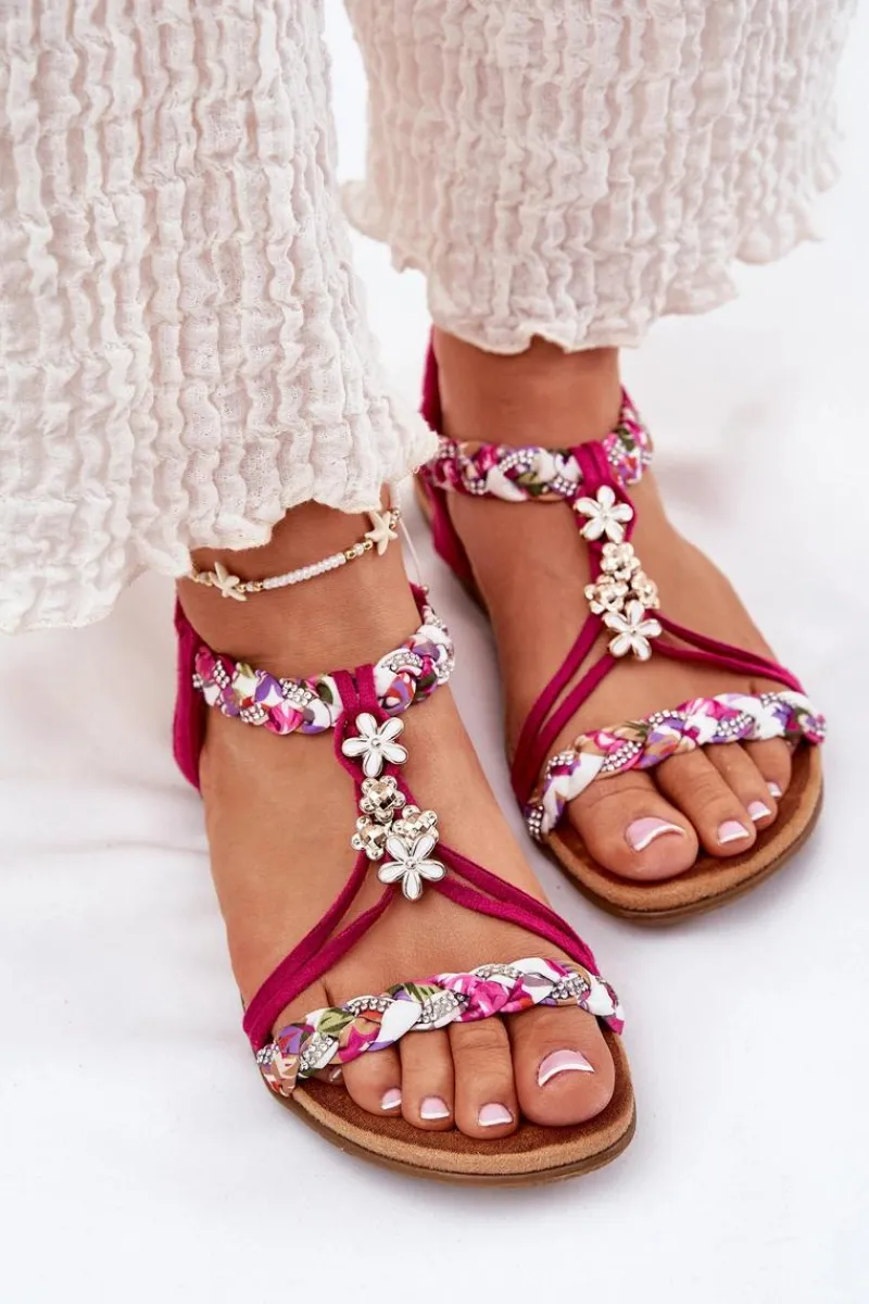 Sandały Płaskie>Artiker Sandały Damskie Płaskie Z Plecionymi Paskami I Przypinkami 56C1314 Fuksja Różowy