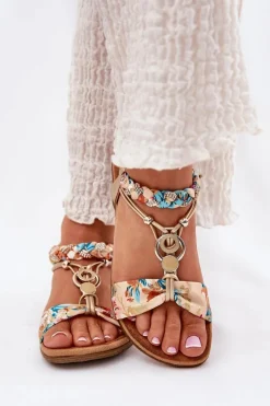 Discount Sandały Damskie Płaskie Z Plecionymi Paskiem I Ozdobą 56C1316 Złote Damskie Sandały Płaskie