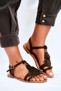 Discount Sandały Damskie Płaskie Zamszowe Boho Oliwkowe Lucami Damskie Sandały Płaskie