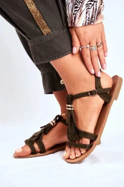 Discount Sandały Damskie Płaskie Zamszowe Boho Oliwkowe Lucami Damskie Sandały Płaskie