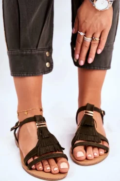 Discount Sandały Damskie Płaskie Zamszowe Boho Oliwkowe Lucami Damskie Sandały Płaskie