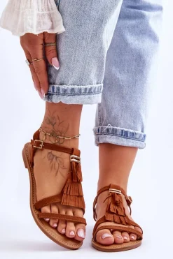 Discount Sandały Damskie Płaskie Zamszowe Boho Brązowe Lucami Damskie Sandały Płaskie