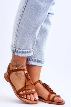 Discount Sandały Damskie Płaskie Zamszowe Boho Brązowe Lucami Damskie Sandały Płaskie