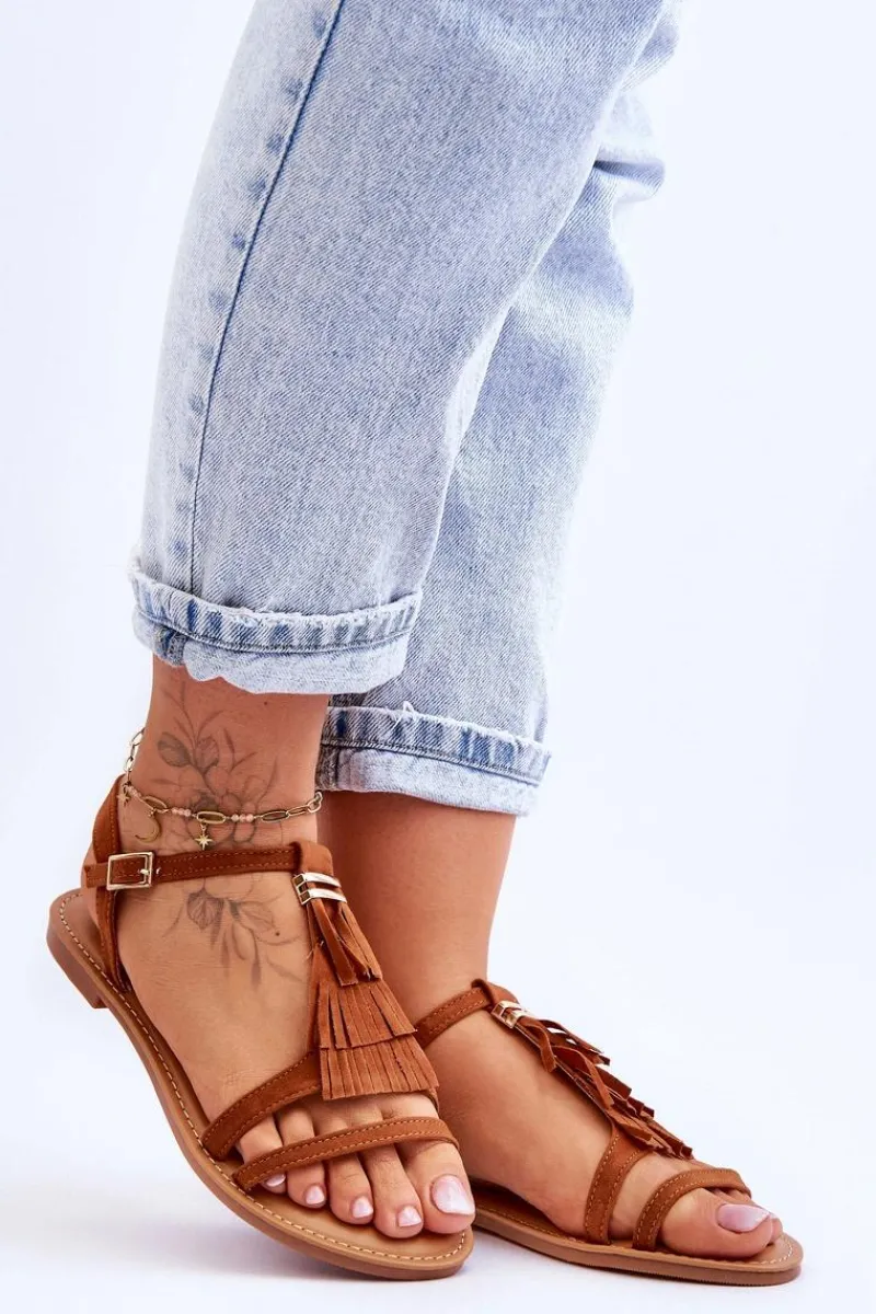 Discount Sandały Damskie Płaskie Zamszowe Boho Brązowe Lucami Damskie Sandały Płaskie