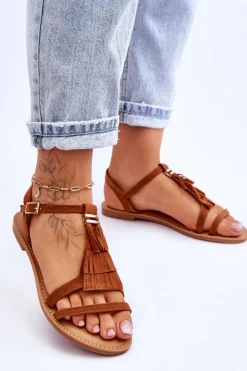 Discount Sandały Damskie Płaskie Zamszowe Boho Brązowe Lucami Damskie Sandały Płaskie