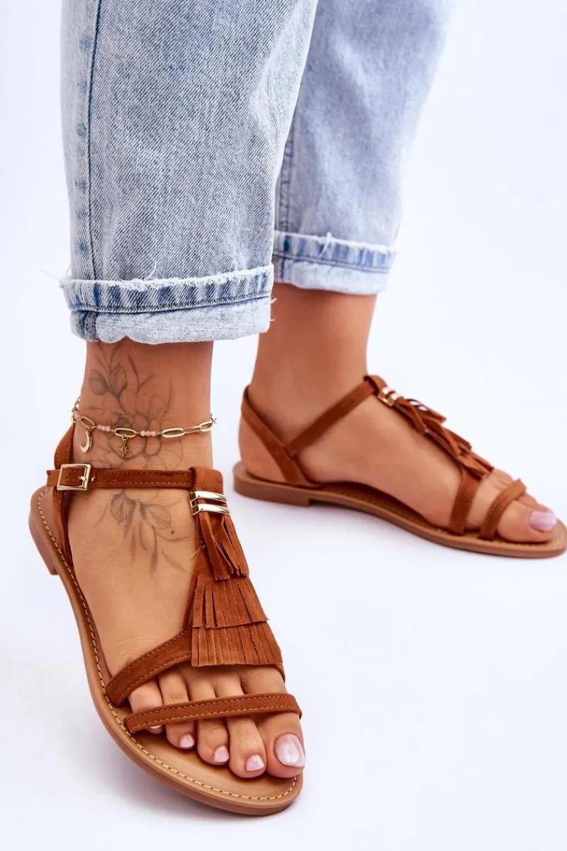 Discount Sandały Damskie Płaskie Zamszowe Boho Brązowe Lucami Damskie Sandały Płaskie