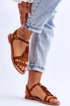 Discount Sandały Damskie Płaskie Zamszowe Boho Brązowe Lucami Damskie Sandały Płaskie