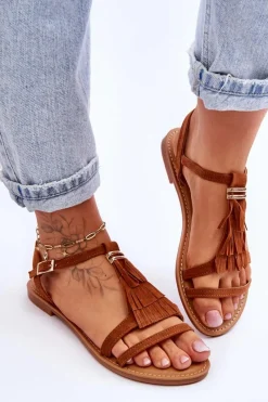 Discount Sandały Damskie Płaskie Zamszowe Boho Brązowe Lucami Damskie Sandały Płaskie