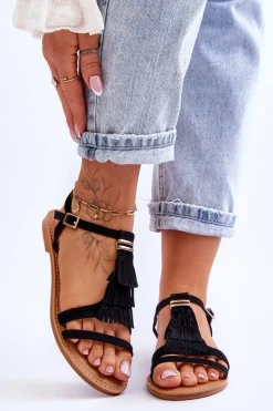 Sandały Płaskie>Boto Sandały Damskie Płaskie Zamszowe Boho Czarne Lucami