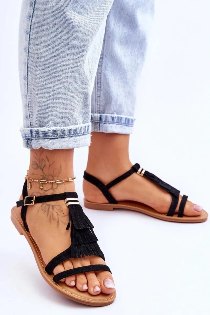 Sandały Płaskie>Boto Sandały Damskie Płaskie Zamszowe Boho Czarne Lucami